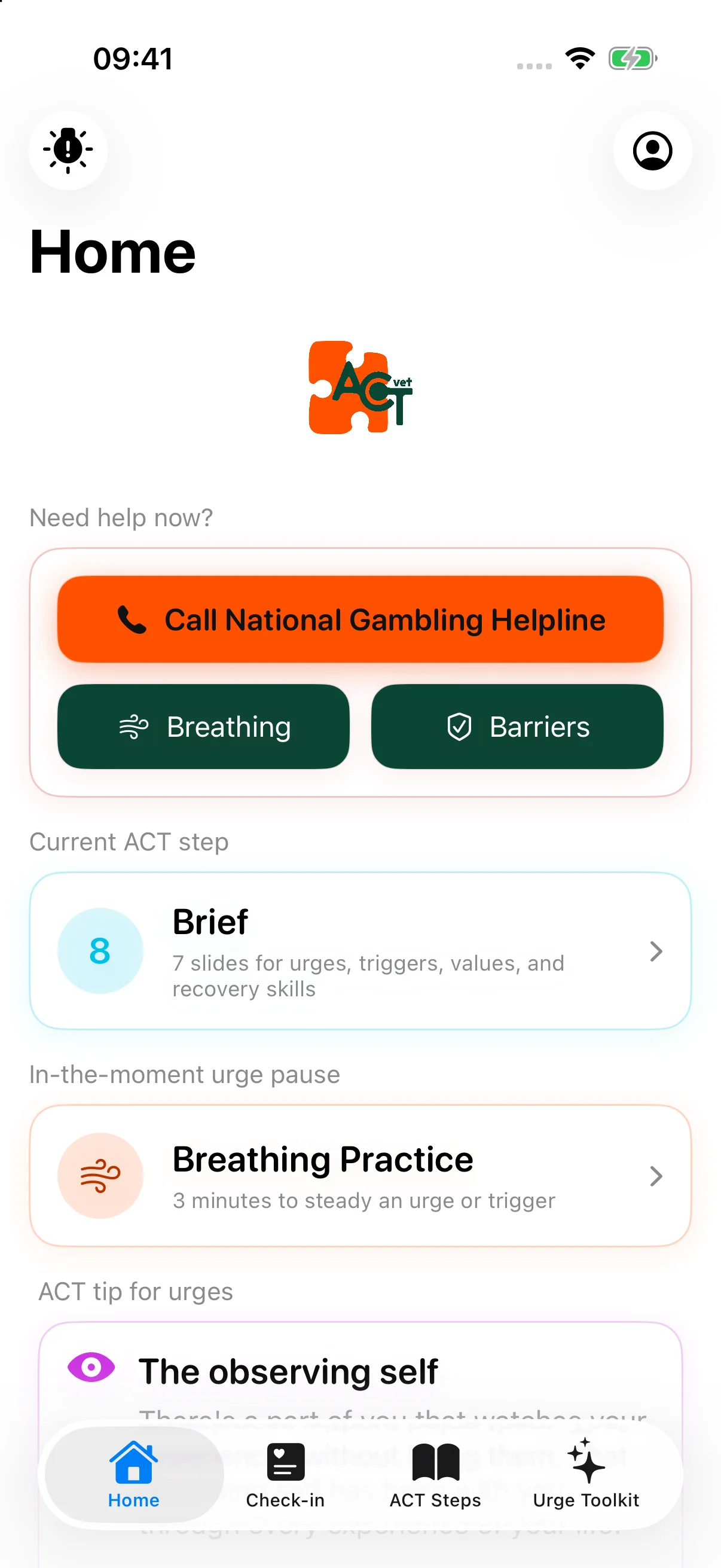 ACTvet home screen showing ACT steps, check-ins and quick support tools